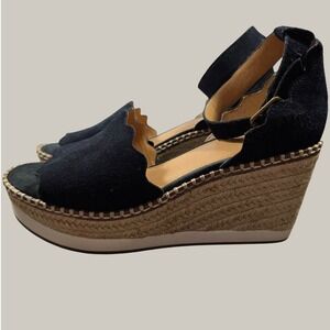 Crown Vintage Black Suede Scalloped Daffoidil Wedge Sandals‎ Women's Size 8.5